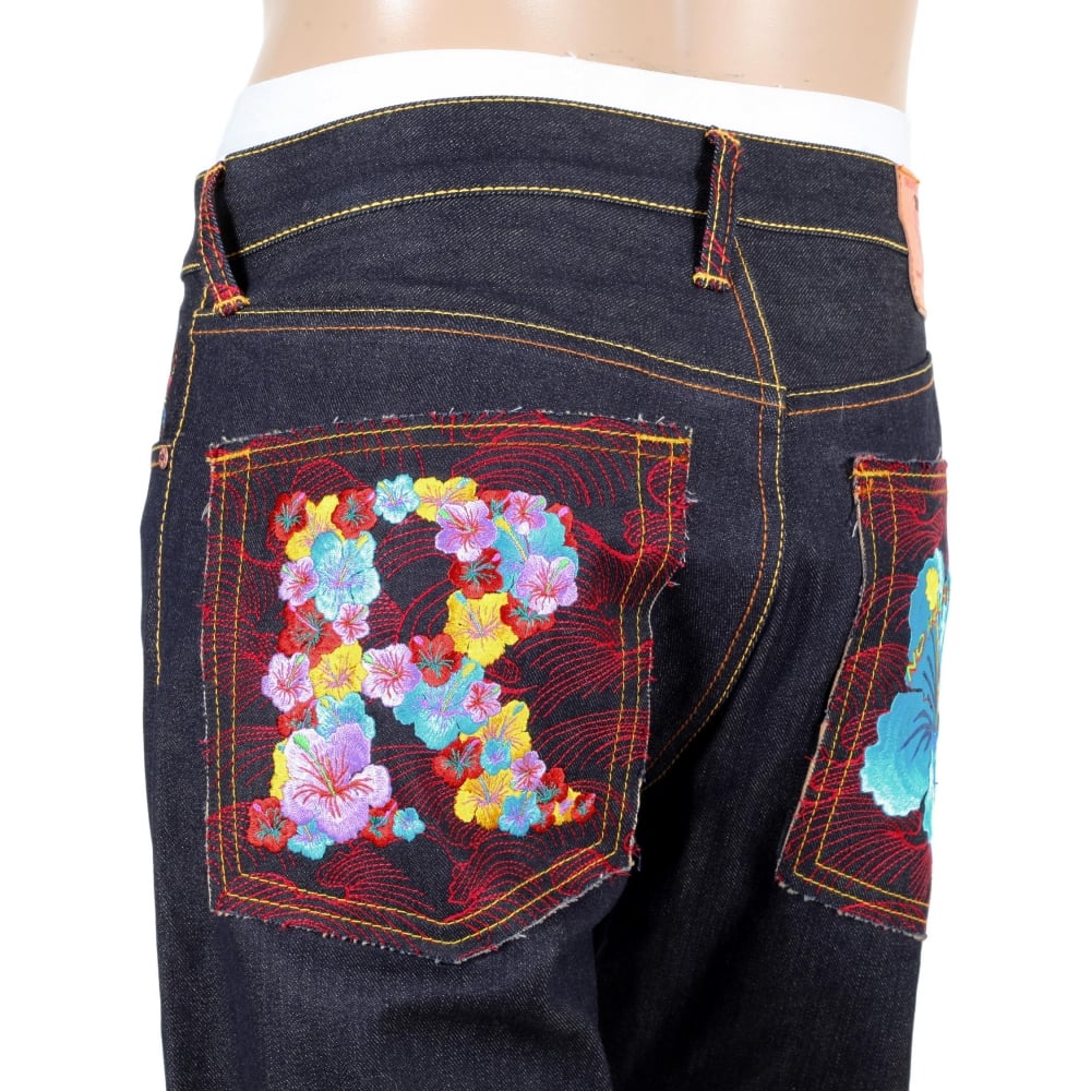 Exclusive Embroidered Holiday Flower Dark Indigo Raw Selvedge Denim Jeans