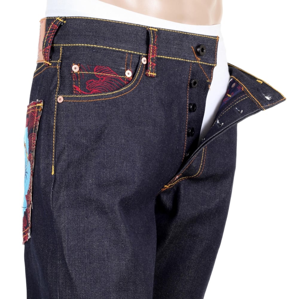 Exclusive Embroidered Holiday Flower Dark Indigo Raw Selvedge Denim Jeans