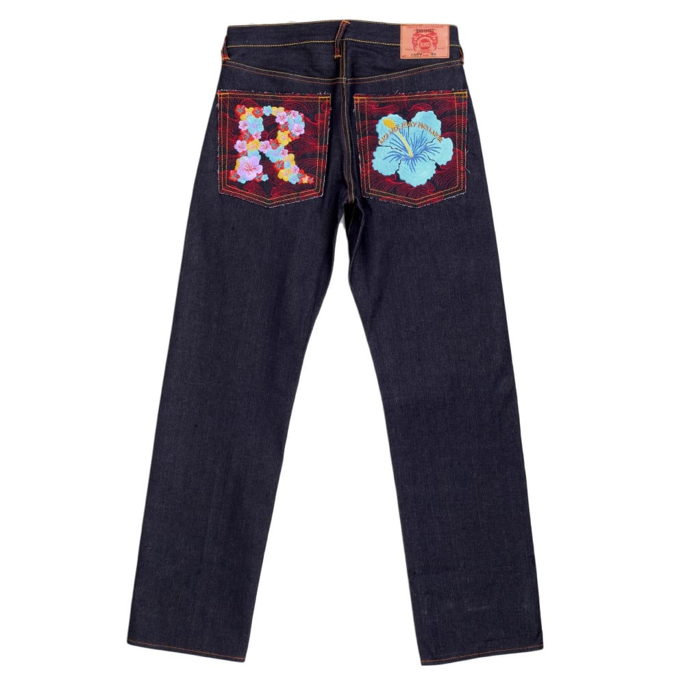 Exclusive Embroidered Holiday Flower Dark Indigo Raw Selvedge Denim Jeans