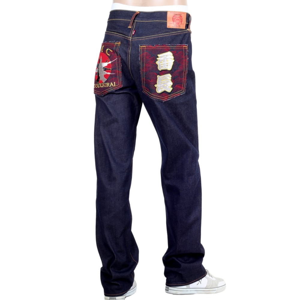 Mens Dark Indigo Vintage Cut Raw Selvedge Denim Jeans with Sensoukirai Embroidery