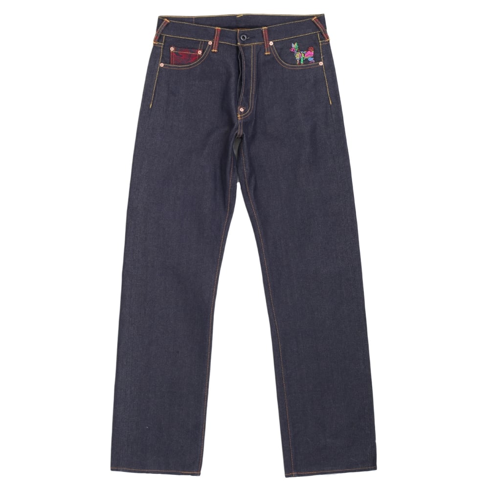Mens Dark Indigo Vintage Cut Raw Selvedge Denim Jeans with Sensoukirai Embroidery