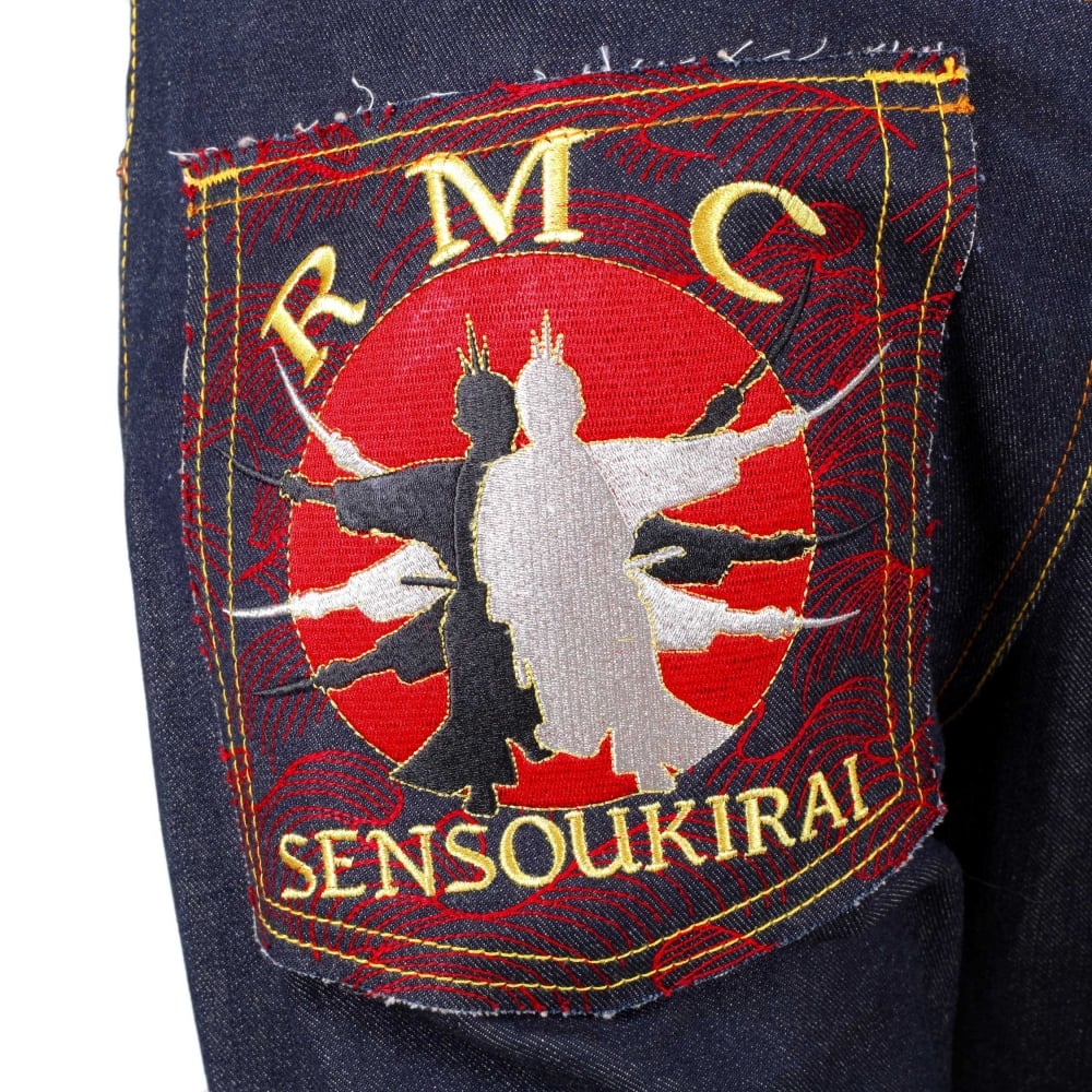 Mens Dark Indigo Vintage Cut Raw Selvedge Denim Jeans with Sensoukirai Embroidery