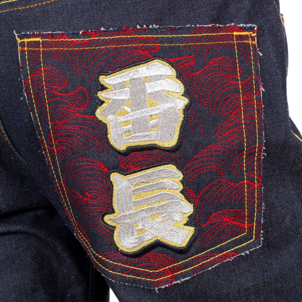 Mens Dark Indigo Vintage Cut Raw Selvedge Denim Jeans with Sensoukirai Embroidery