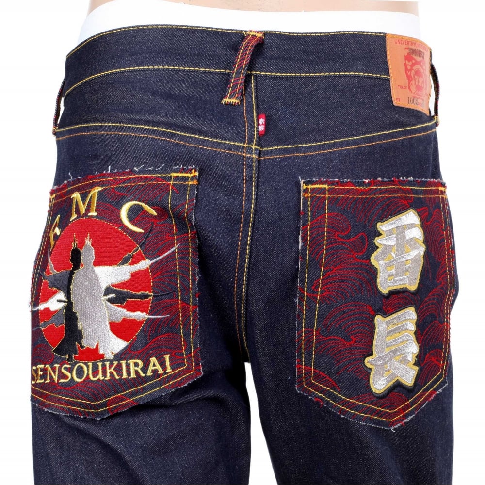 Mens Dark Indigo Vintage Cut Raw Selvedge Denim Jeans with Sensoukirai Embroidery