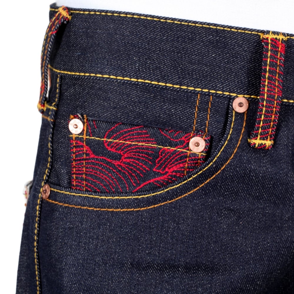 Mens Dark Indigo Vintage Cut Raw Selvedge Denim Jeans with Sensoukirai Embroidery