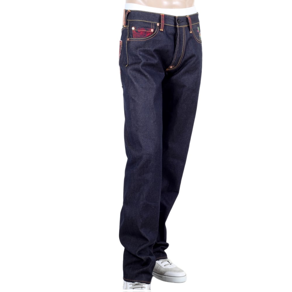 Mens Dark Indigo Vintage Cut Raw Selvedge Denim Jeans with Sensoukirai Embroidery