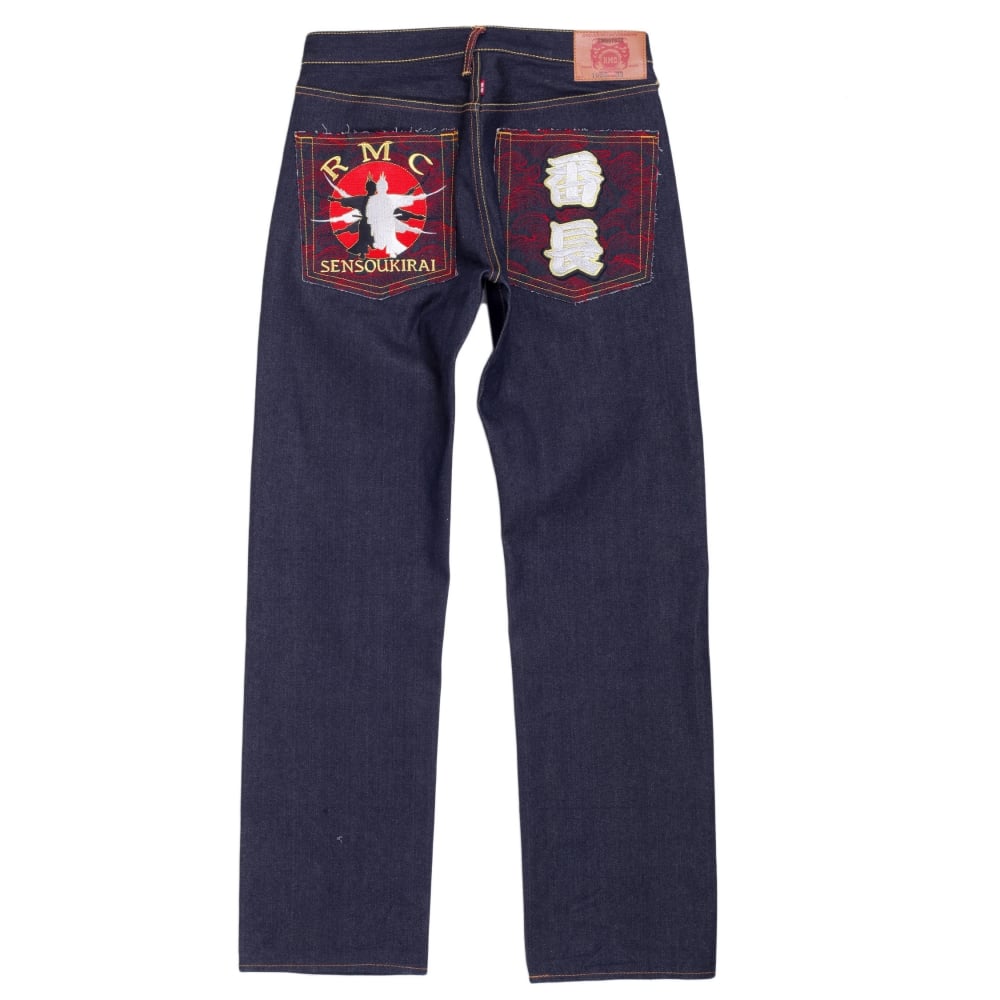 Mens Dark Indigo Vintage Cut Raw Selvedge Denim Jeans with Sensoukirai Embroidery