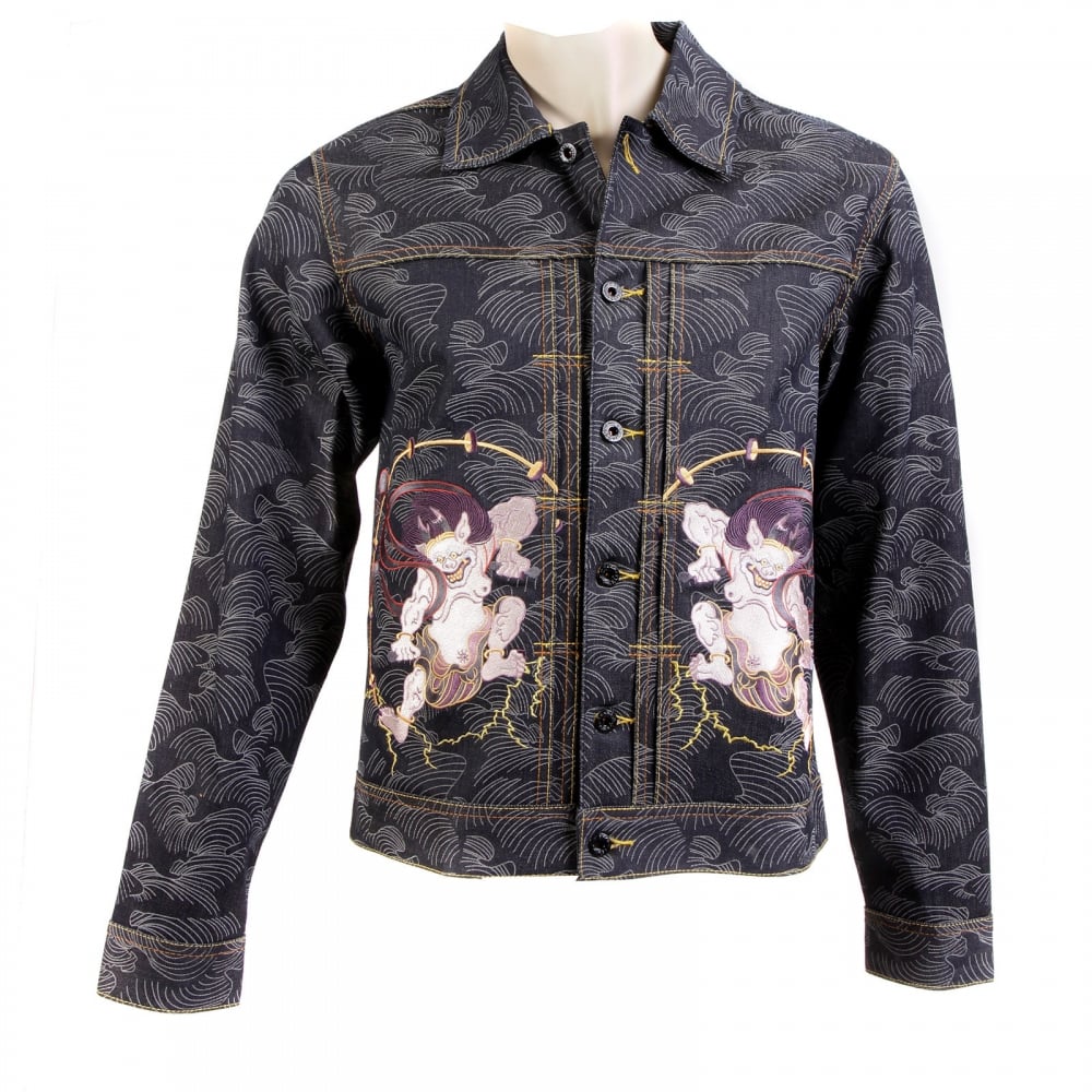 Early Original Fujin and Raijin Embroidered Exclusive Indigo Raw Selvedge Denim Jacket with Vintage Cut