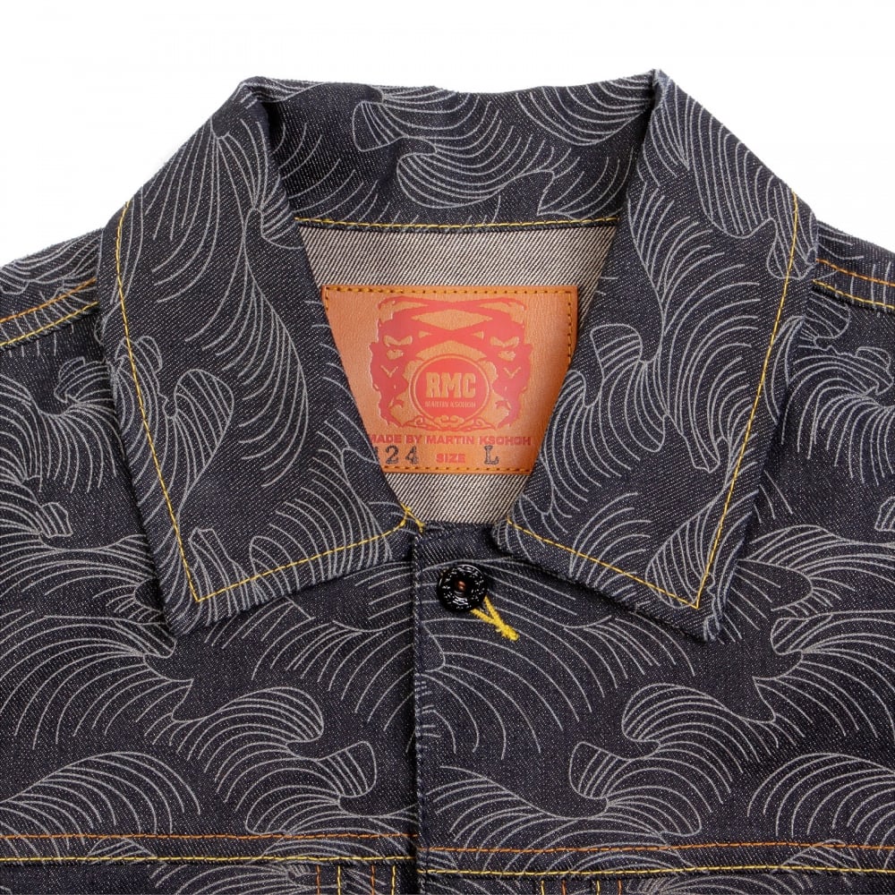 Early Original Fujin and Raijin Embroidered Exclusive Indigo Raw Selvedge Denim Jacket with Vintage Cut