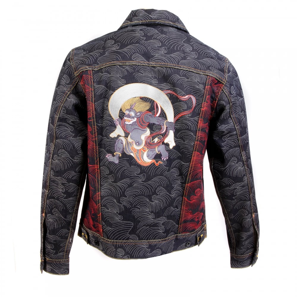 Early Original Fujin and Raijin Embroidered Exclusive Indigo Raw Selvedge Denim Jacket with Vintage Cut