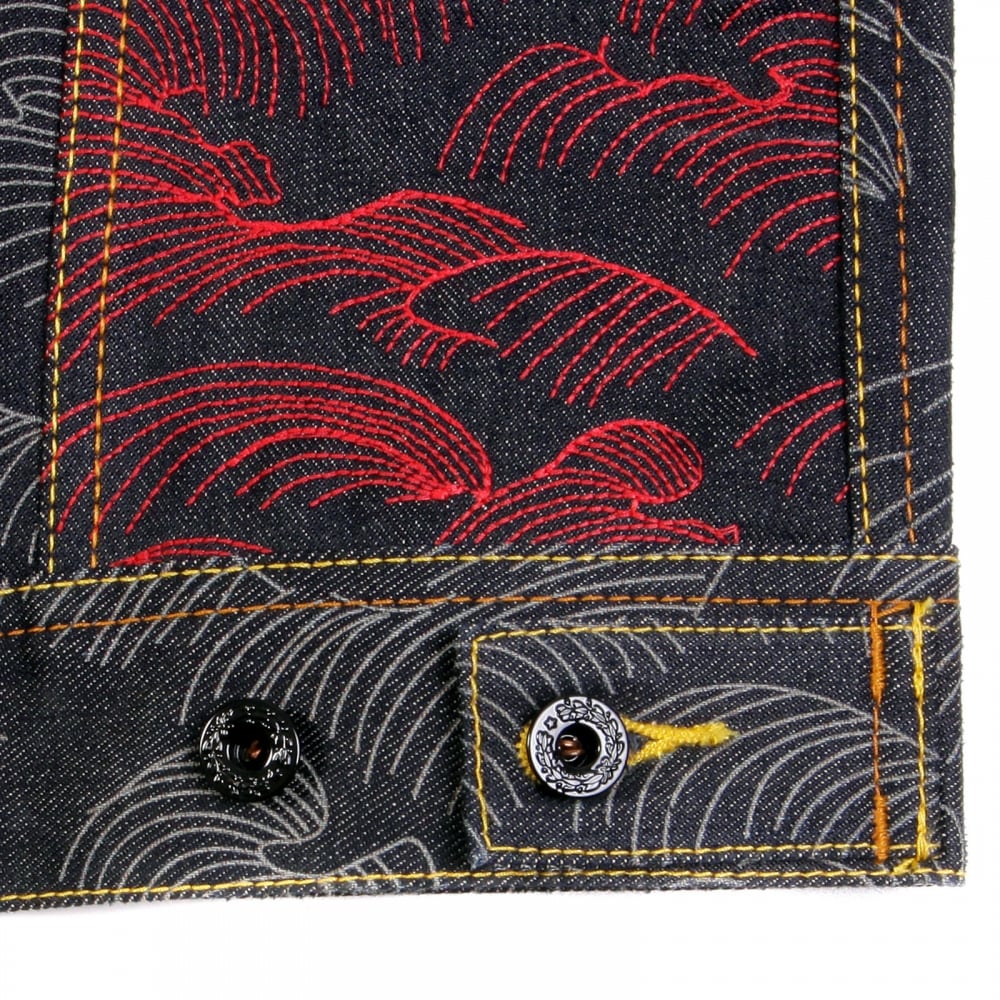 Early Original Fujin and Raijin Embroidered Exclusive Indigo Raw Selvedge Denim Jacket with Vintage Cut