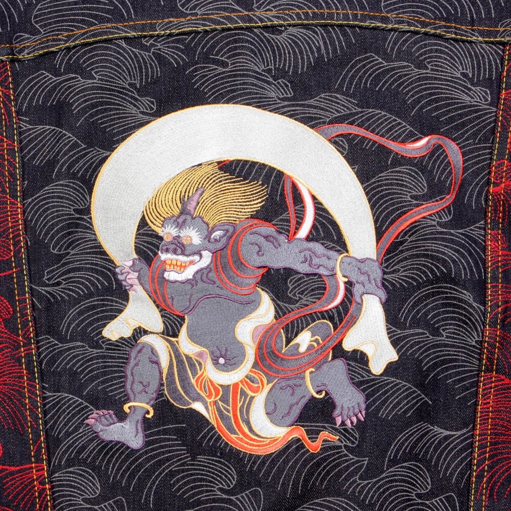 Early Original Fujin and Raijin Embroidered Exclusive Indigo Raw Selvedge Denim Jacket with Vintage Cut