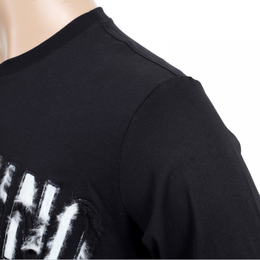 Mens Crew Neck Regular Fit Long Sleeve Cotton Black T Shirt with Fur Logo