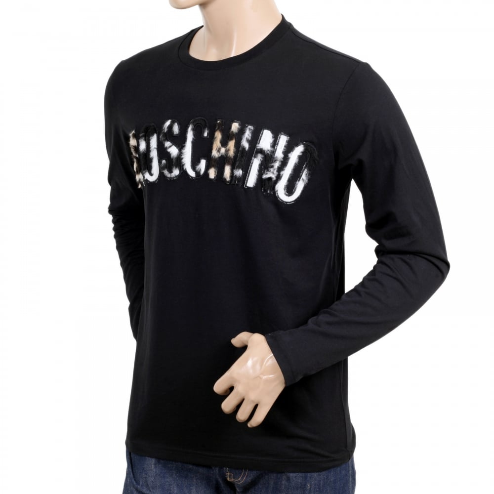 Mens Crew Neck Regular Fit Long Sleeve Cotton Black T Shirt with Fur Logo