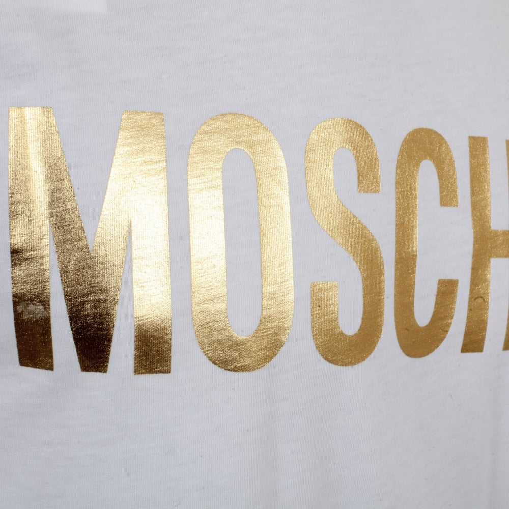 Regular Fit Short Sleeve Fine Ribbed Crew Neck Cotton White T Shirt with Gold Logo