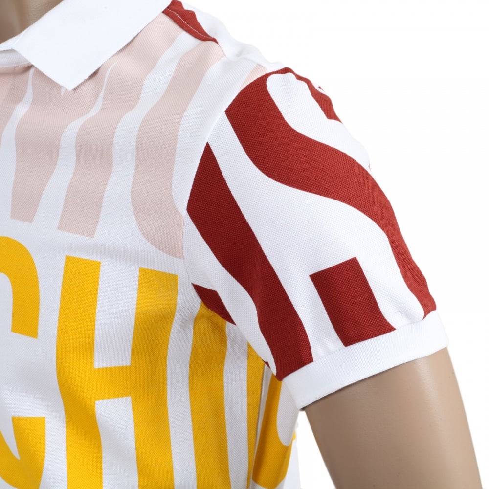 Short Sleeve 3 Button Regular Fit Cotton White Polo Shirt with Multi Coloured Logo Art