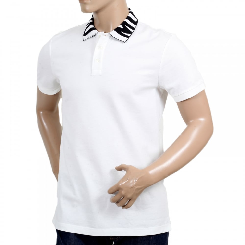 White Regular Fit Three-Button Polo Shirt for Men with Black Logo Ribbed Collar