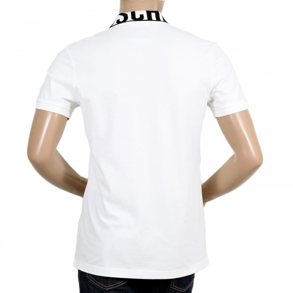 White Regular Fit Three-Button Polo Shirt for Men with Black Logo Ribbed Collar