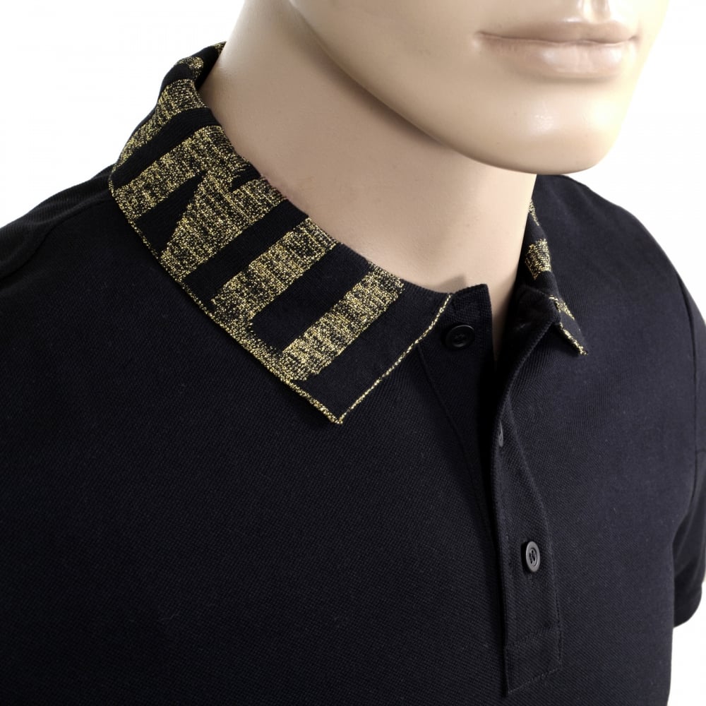 Black Regular Fit Three-Button Polo Shirt for Men with Gold Logo Ribbed Collar