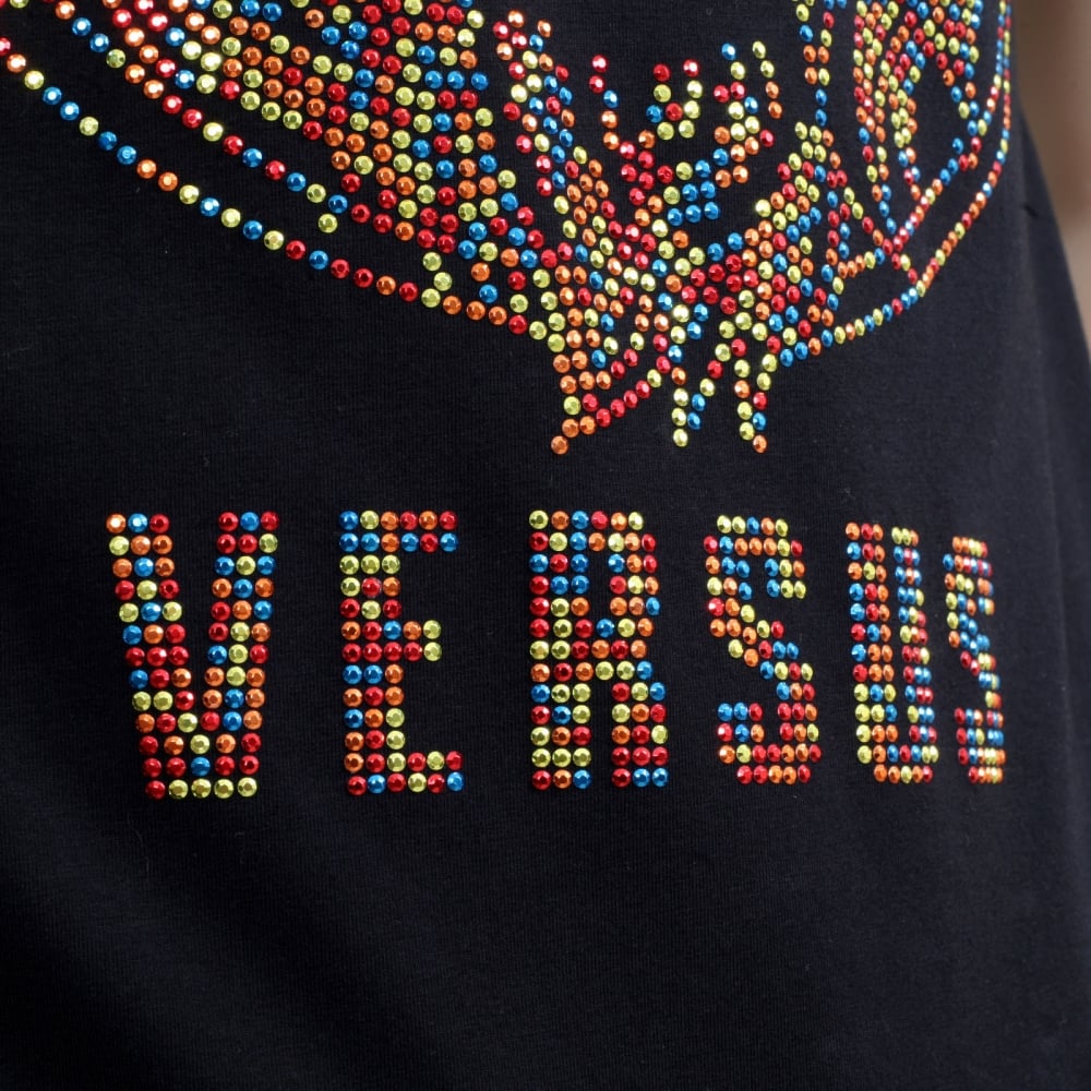 Black Regular Fit Crew Neck Short Sleeved Mens T Shirt with Multi Coloured Rhinestone Lion Head Design