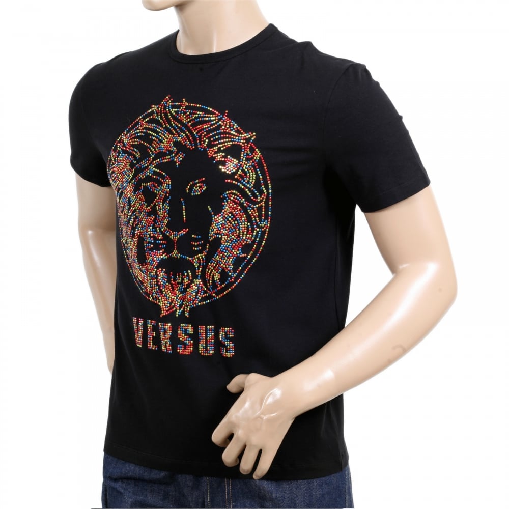 Black Regular Fit Crew Neck Short Sleeved Mens T Shirt with Multi Coloured Rhinestone Lion Head Design