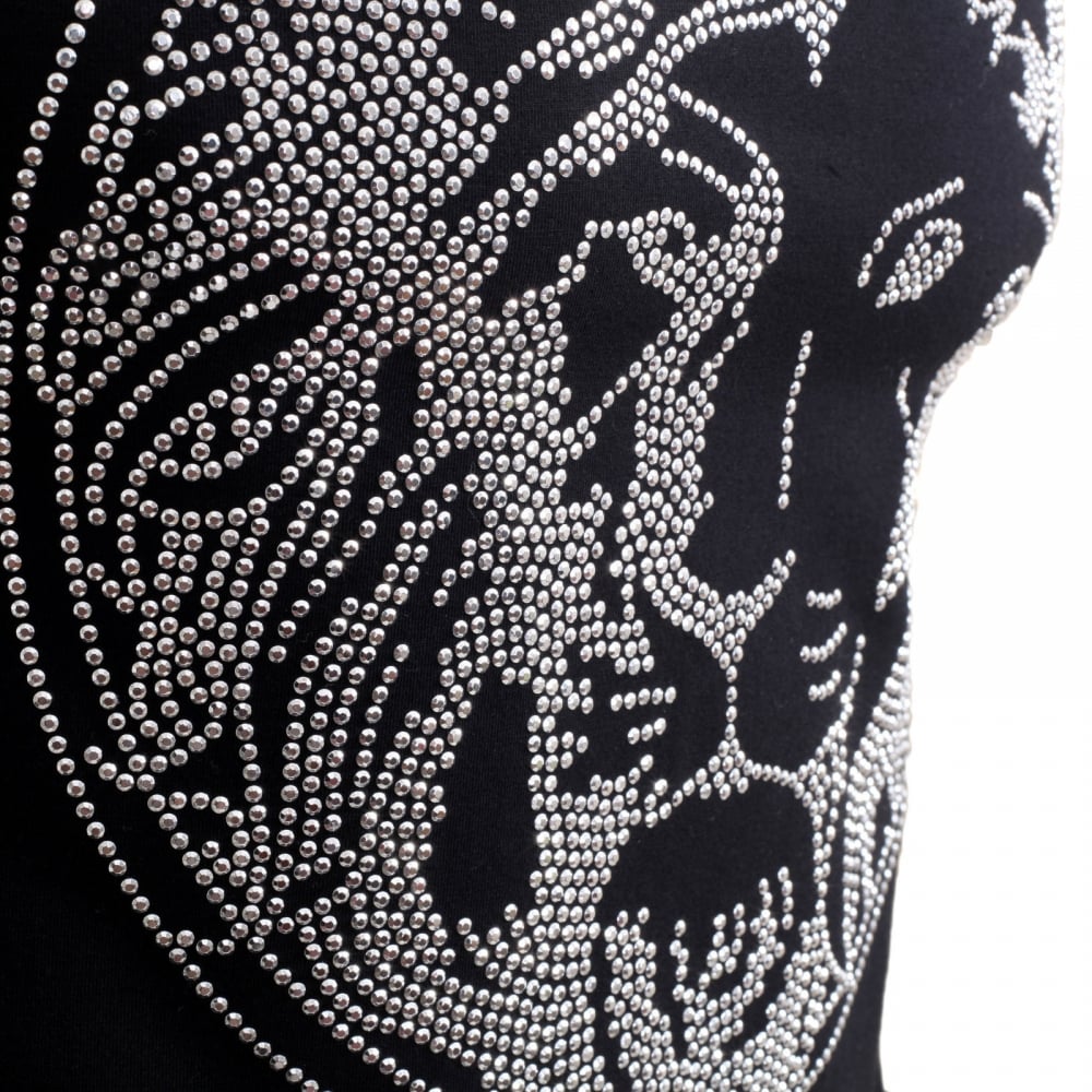 Black Regular Fit Crew Neck Short Sleeved Mens T Shirt with Silver Rhinestone Lion Head Design