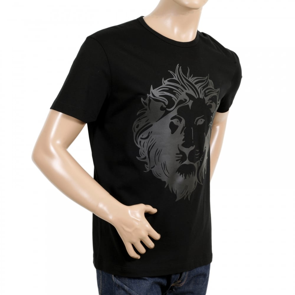 Black Short Sleeve Crew Neck Regular Fit Mens T Shirt with Self Coloured Printed Lion Head
