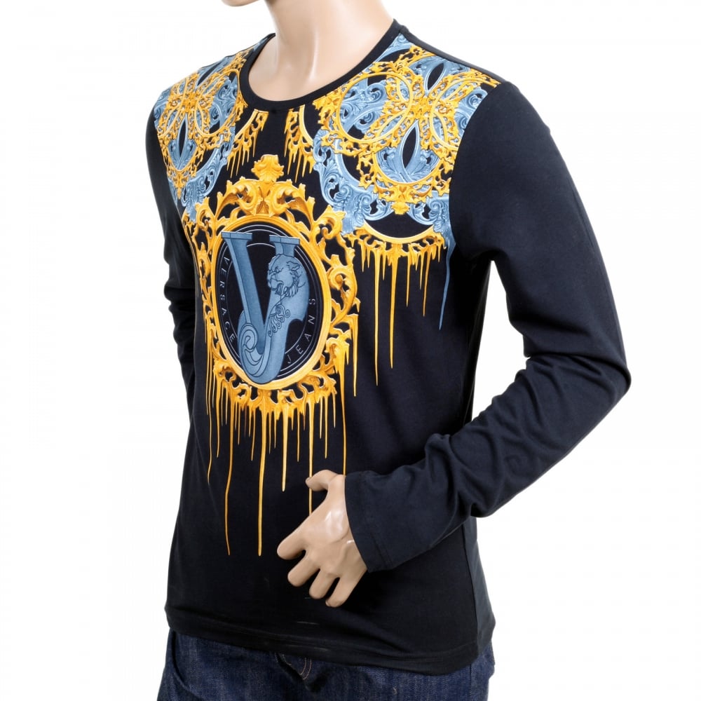 Black Printed Art Logo Front Crew Neck Plain Black Long Sleeve Regular Fit T Shirt