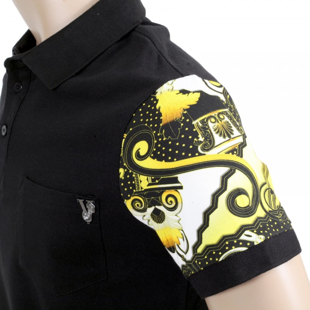 Mens Regular Fit Black Polo Shirt with Short Printed Sleeves and Metal Logo Badge on Chest Pocket