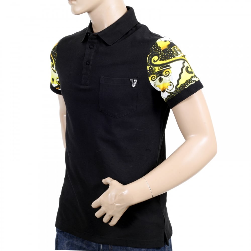 Mens Regular Fit Black Polo Shirt with Short Printed Sleeves and Metal Logo Badge on Chest Pocket