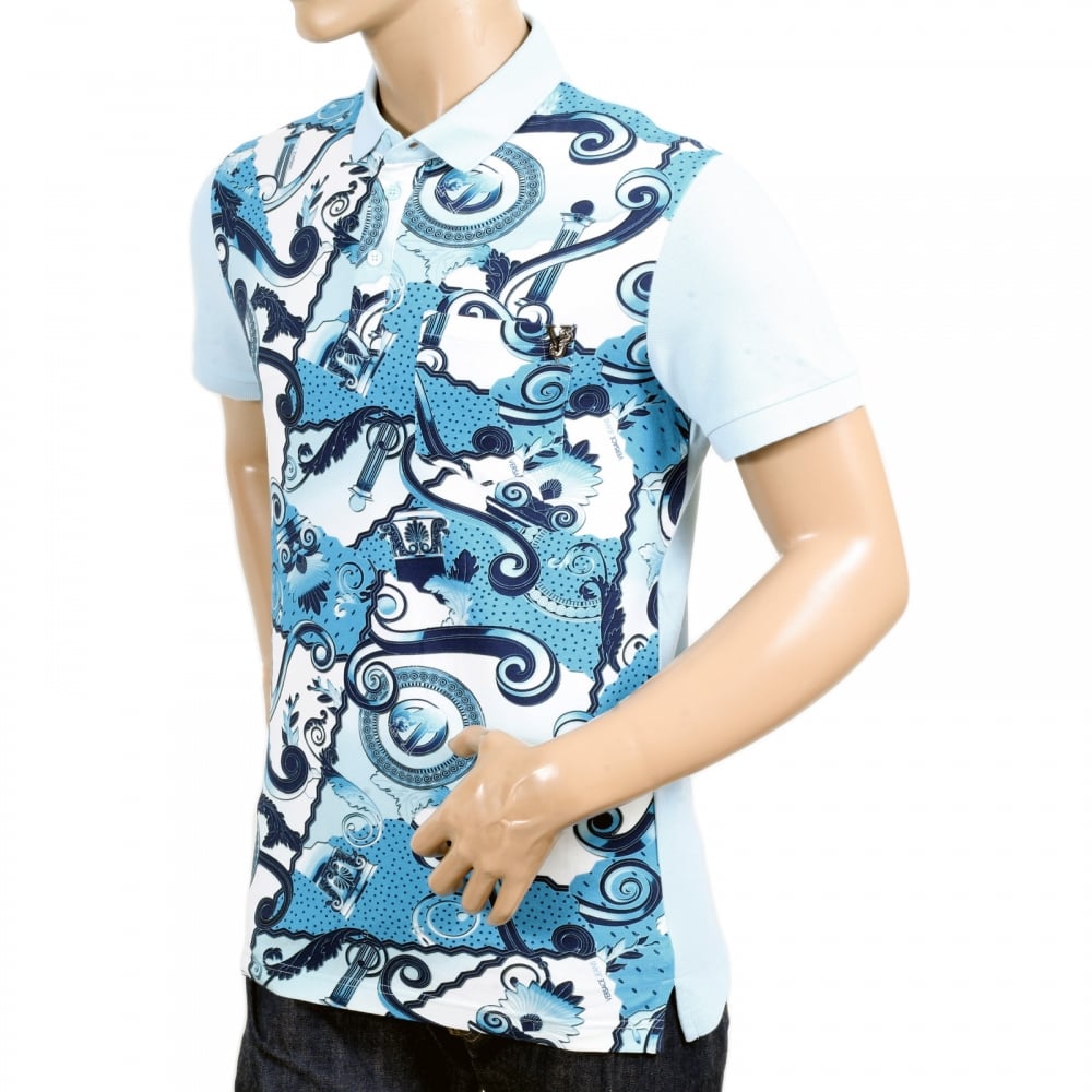 Regular Fit Blue Olympus Print Polo Shirt with a Silver Metal Logo Tab and Ribbed Collar and Sleeve Cuffs