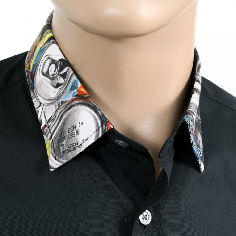 Mens Black Regular Fit Cotton Short Sleeve Shirt with Grey Embossed Logo Buttons and Soft Collar
