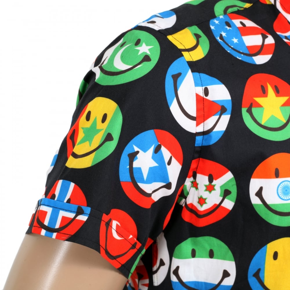 Mens Black Short Sleeve Multi Coloured All Over Smiley Face Printed Shirt with Soft Collar and Rounded Tail