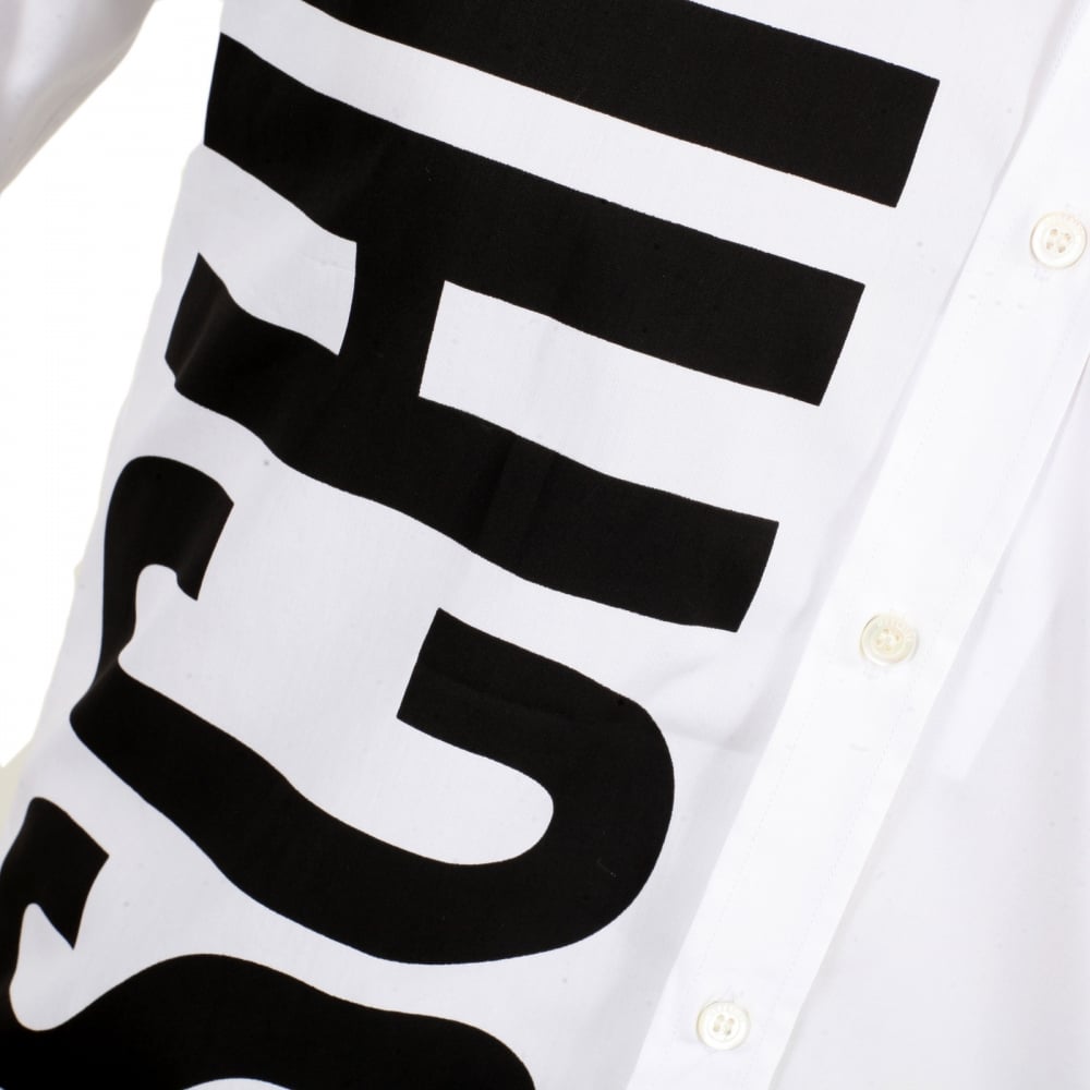 Mens Cotton White Long Sleeve Shirt with Logo in Large Black Fonts on the Front