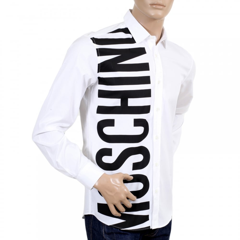 Mens Cotton White Long Sleeve Shirt with Logo in Large Black Fonts on the Front