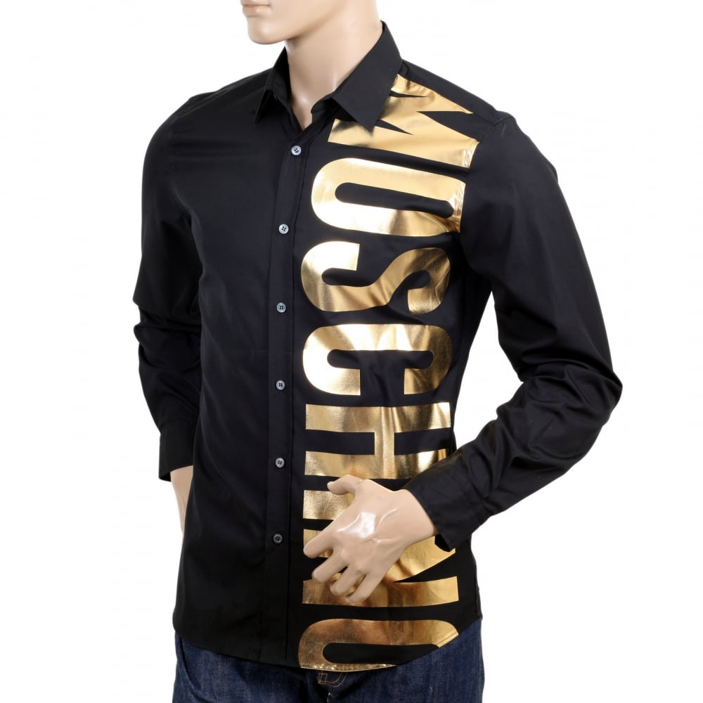 Mens Cotton Long Sleeve Black Shirt with Gold Logo in Large Fonts on the Front