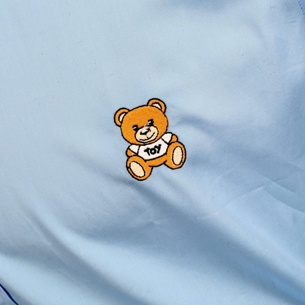 Long Sleeve Slim Fit Teddy Bear Embroidered Sky Blue Shirt with Soft Collar and Rounded Tail