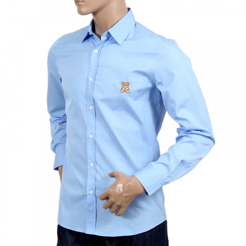Long Sleeve Slim Fit Teddy Bear Embroidered Sky Blue Shirt with Soft Collar and Rounded Tail
