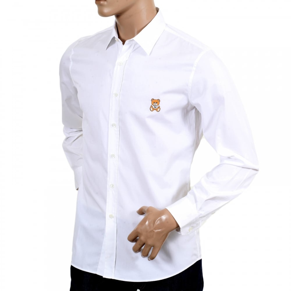 Mens White Slim Fit Long Sleeve Shirt with Teddy Bear Embroidered on Chest and Logo Embossed Buttons
