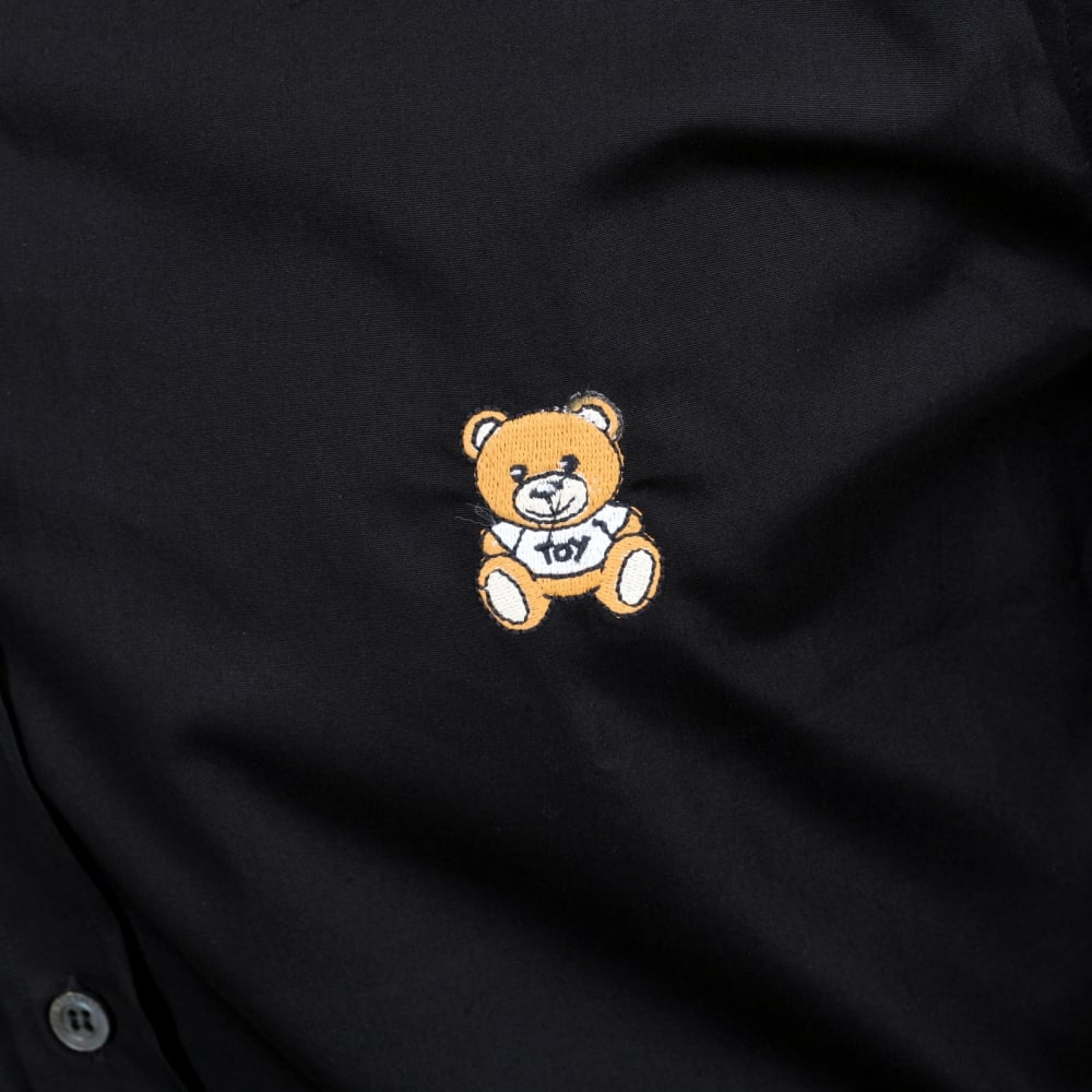 Long Sleeve Cotton Slim Fit Teddy Bear Embroidered Black Shirt with Rounded Tail and Soft Collar