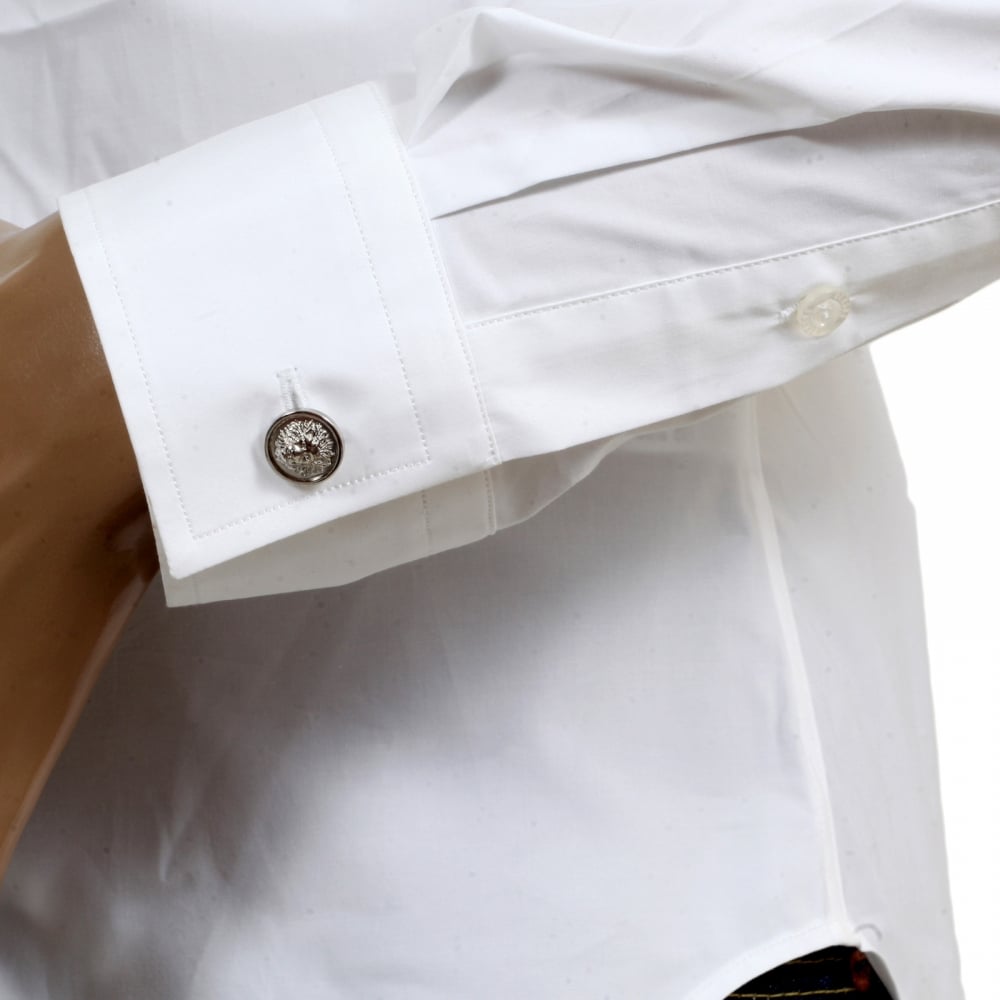Mens Slim Fit Stretch Cotton White Shirt with Large Self Coloured Lion Head Embroidered Back