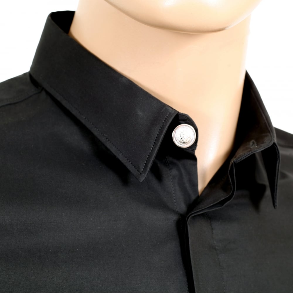 Mens Black Stretch Cotton Large Self Coloured Lion Head Embroidered Slim Fit Shirt with Soft Collar