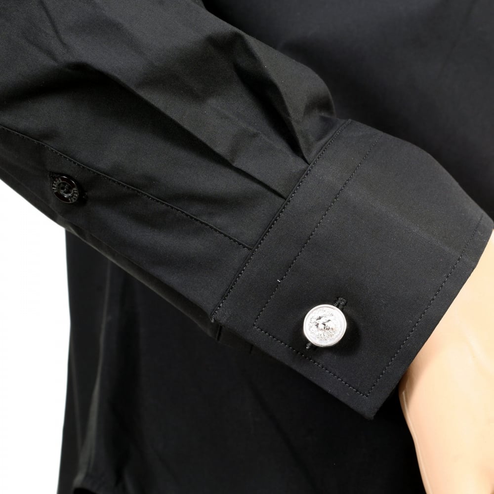 Mens Black Stretch Cotton Large Self Coloured Lion Head Embroidered Slim Fit Shirt with Soft Collar