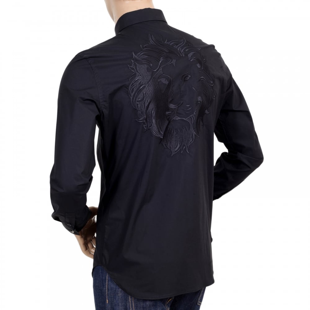 Mens Black Stretch Cotton Large Self Coloured Lion Head Embroidered Slim Fit Shirt with Soft Collar