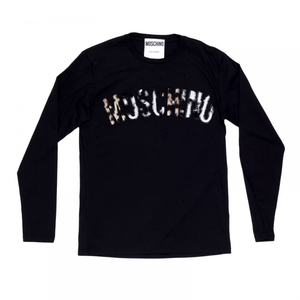 Mens Crew Neck Regular Fit Long Sleeve Cotton Black T Shirt with Fur Logo