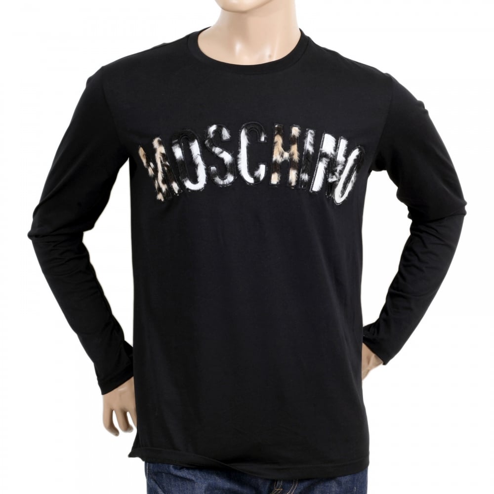Mens Crew Neck Regular Fit Long Sleeve Cotton Black T Shirt with Fur Logo