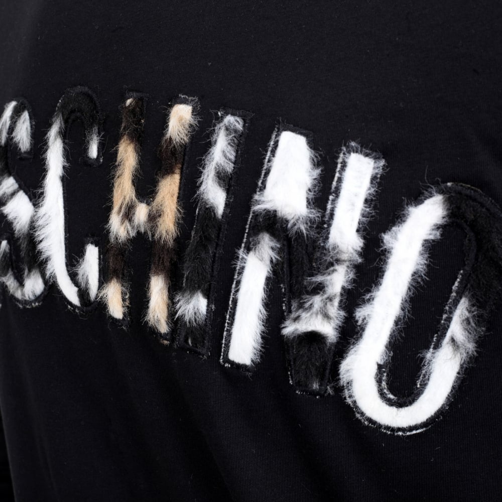 Mens Crew Neck Regular Fit Long Sleeve Cotton Black T Shirt with Fur Logo