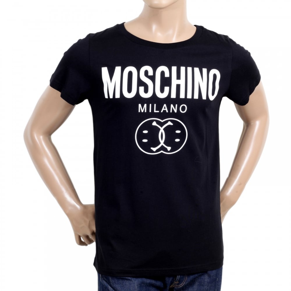 Mens Black Regular Fit Short Sleeve Crew Neck T shirt with Printed Milano Logo