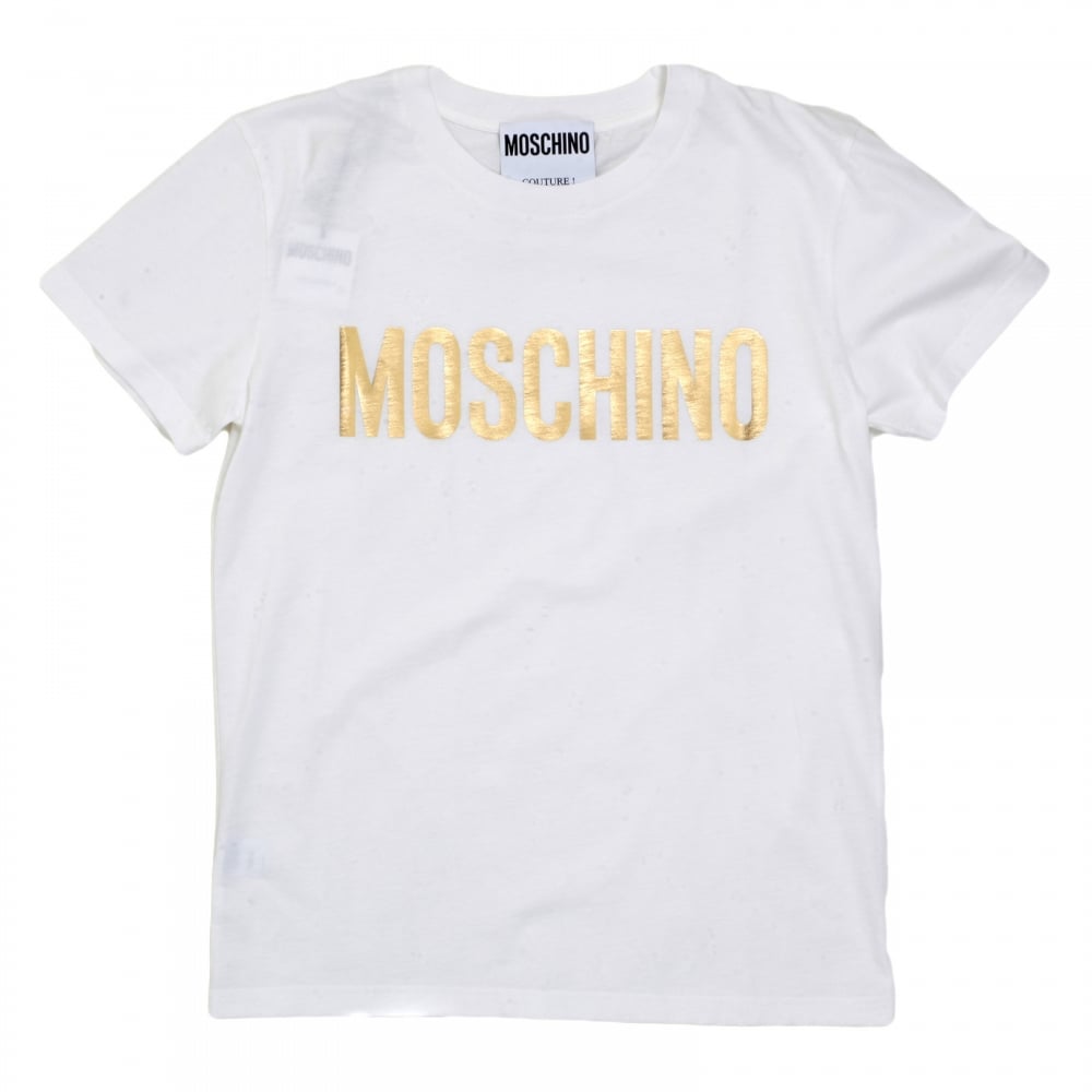 Regular Fit Short Sleeve Fine Ribbed Crew Neck Cotton White T Shirt with Gold Logo