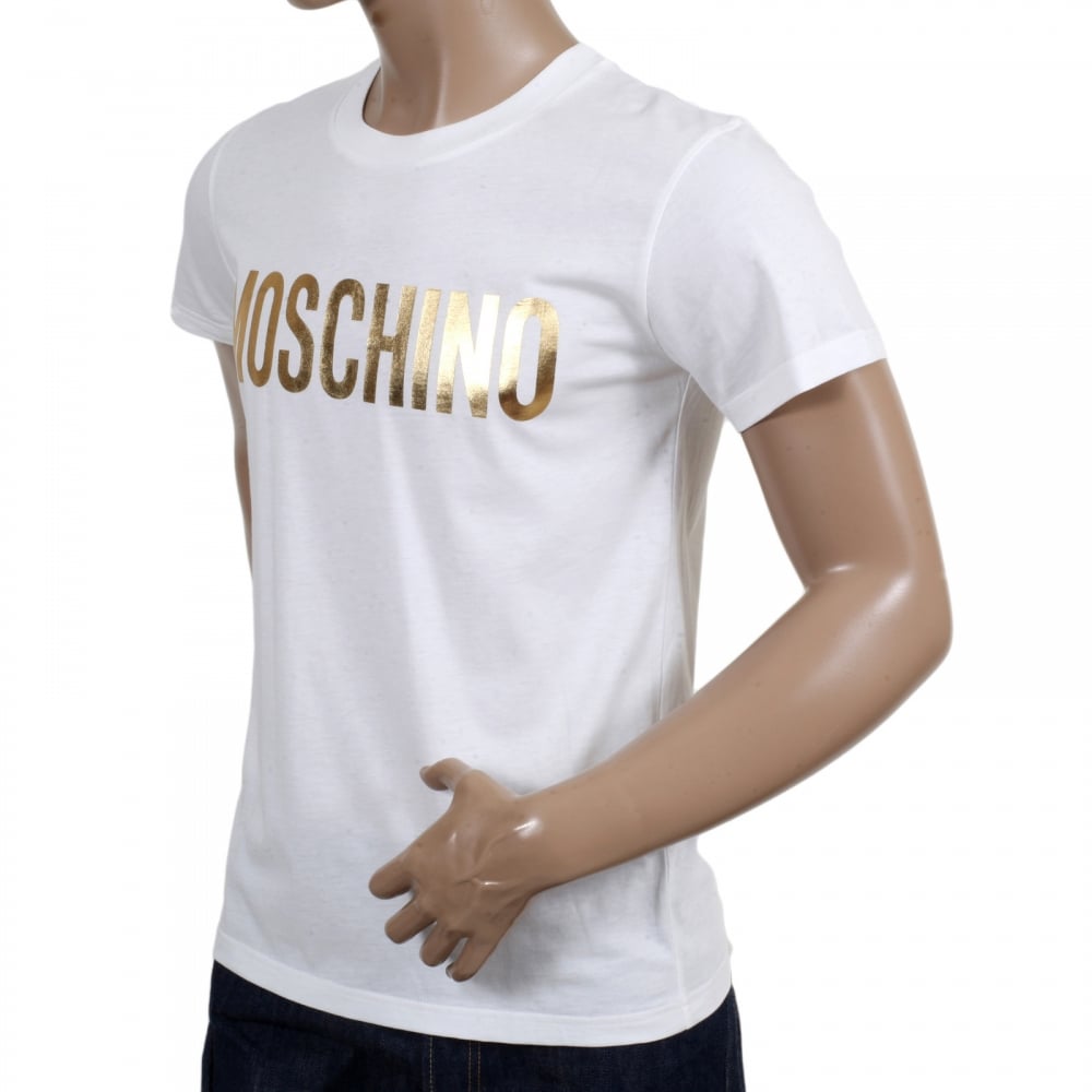 Regular Fit Short Sleeve Fine Ribbed Crew Neck Cotton White T Shirt with Gold Logo